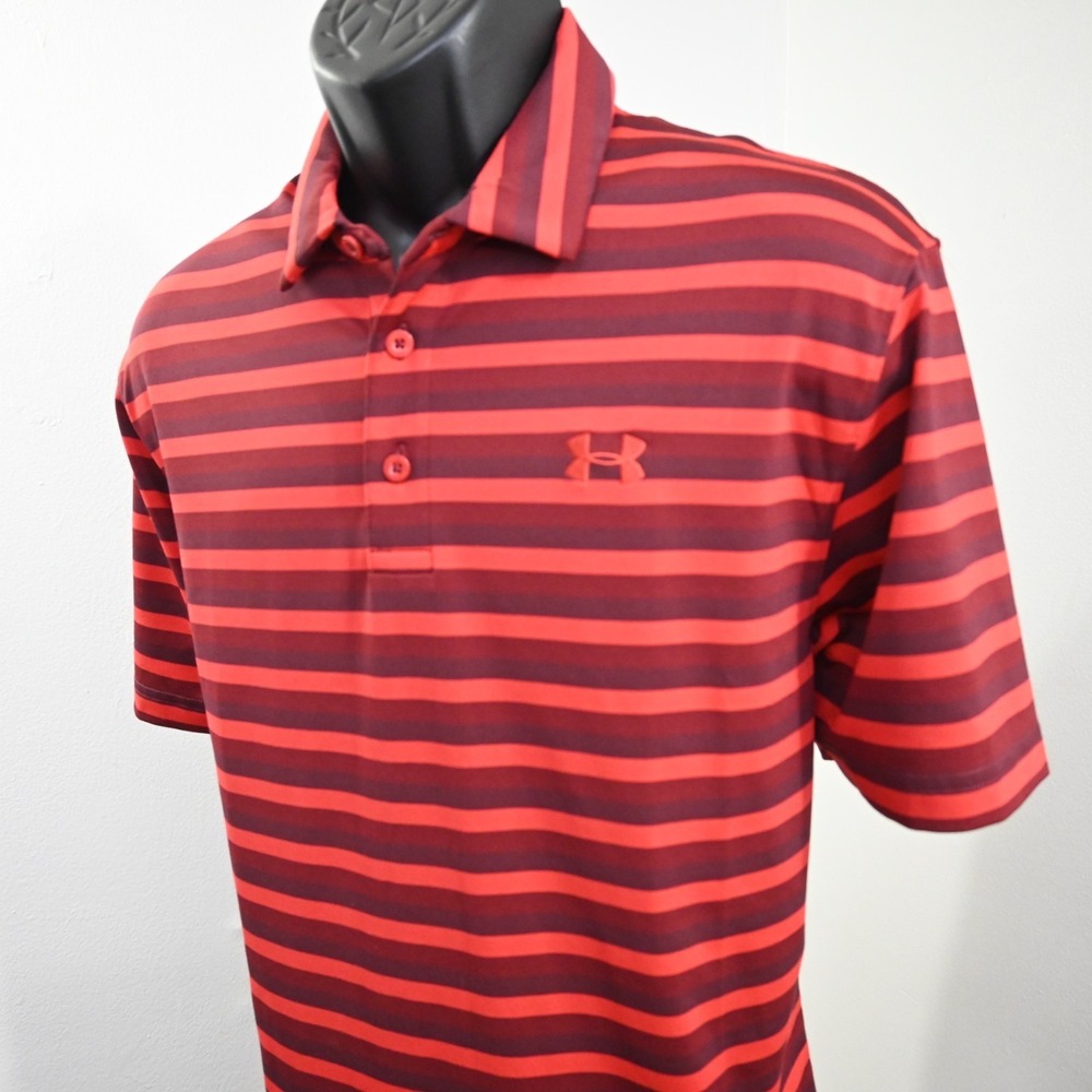 Underโ Armour Golf Polo Mens Size Large Red Striped HeatGear Loose Short Sleeve